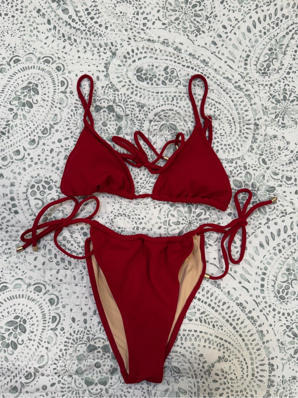 Cotton On Red Ribbed Side-Tie Bikini Set